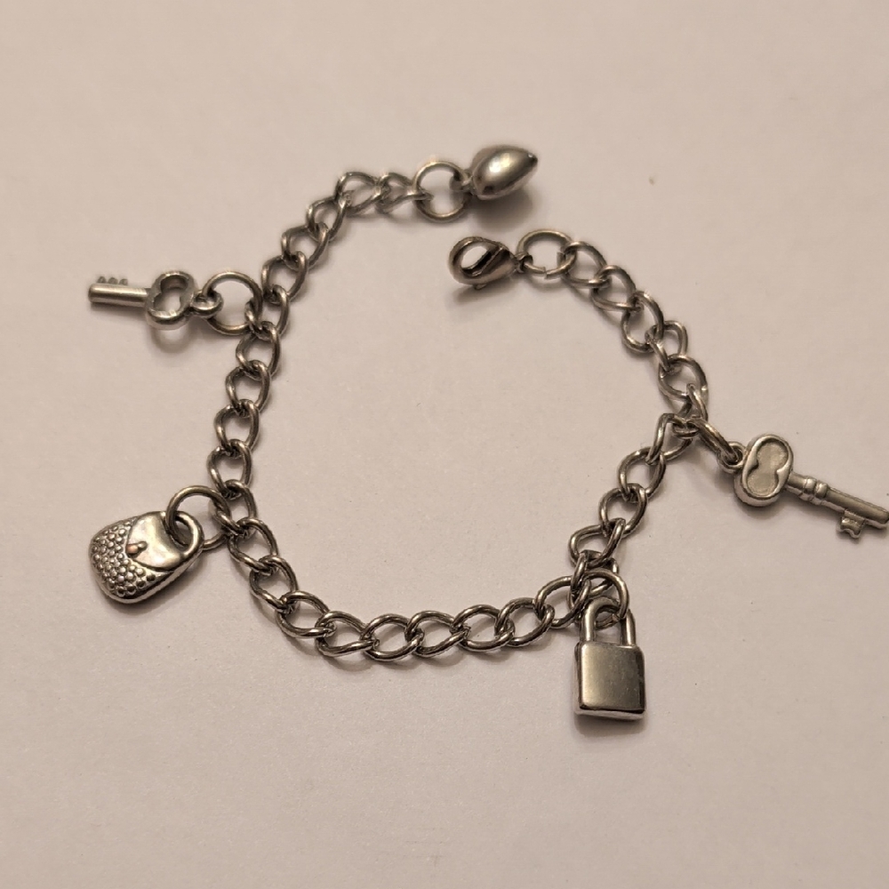Silver Tone Charm Bracelet with Lock and Key Charms